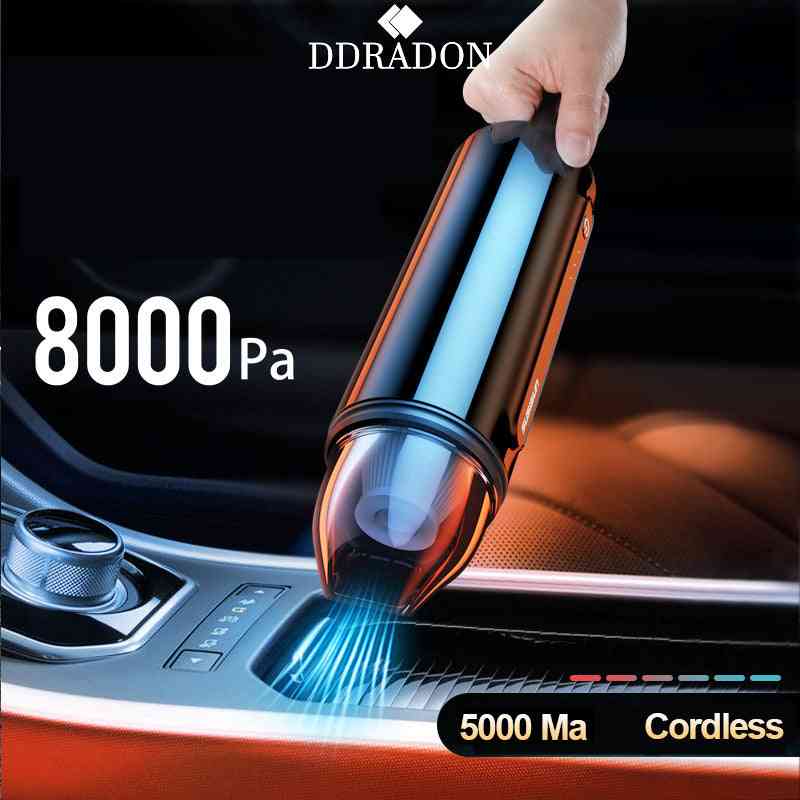 High power rechargeable cordless car vacuum cleaner with 8000Pa suction, ideal for car and home use. Features a sleek black design and powerful suction.