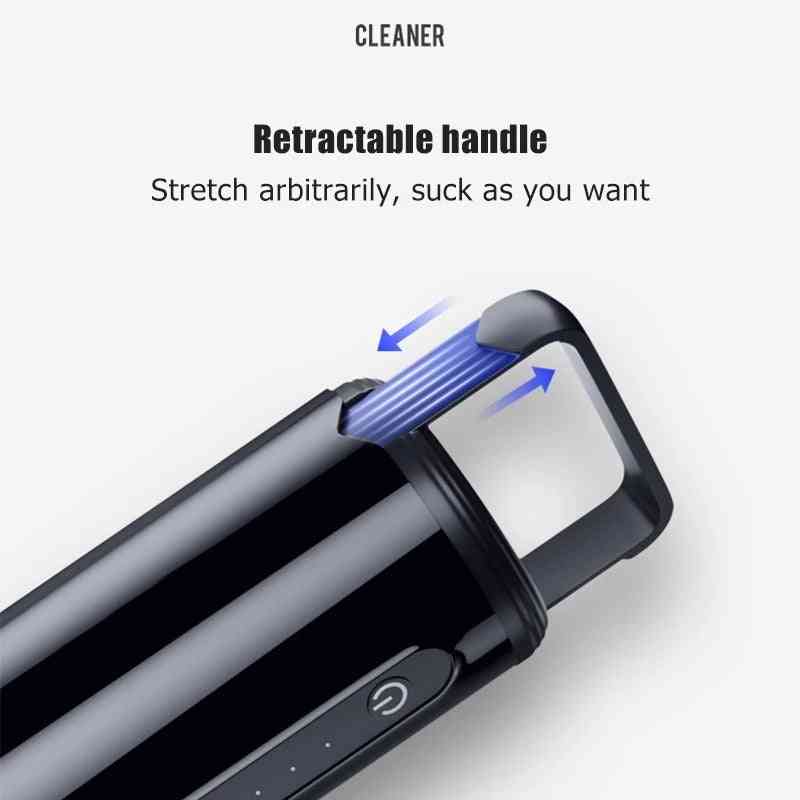 Cordless car vacuum cleaner with a retractable handle for easy grip and portability. Designed for efficient cleaning with a compact and ergonomic build.