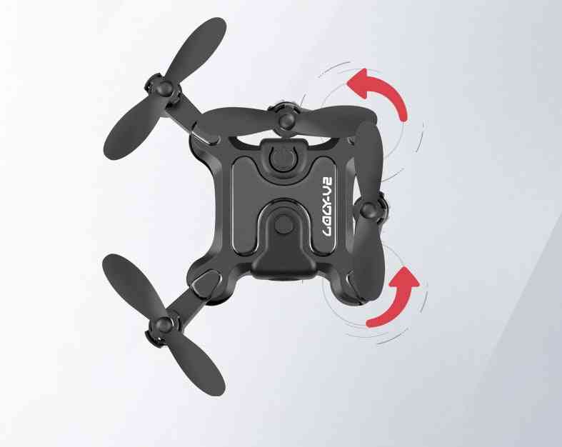 Mini folding drone demonstrating 360-degree rotation with directional arrows indicating movement.