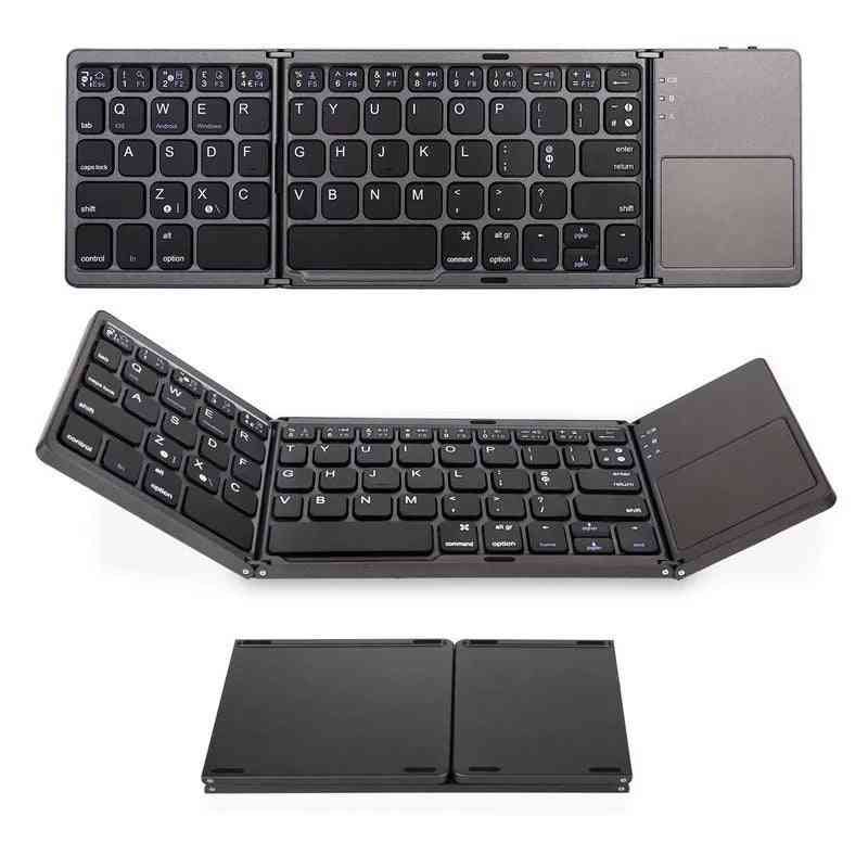 Foldable black wireless keyboard with an integrated touchpad, offering a portable and ergonomic typing solution.