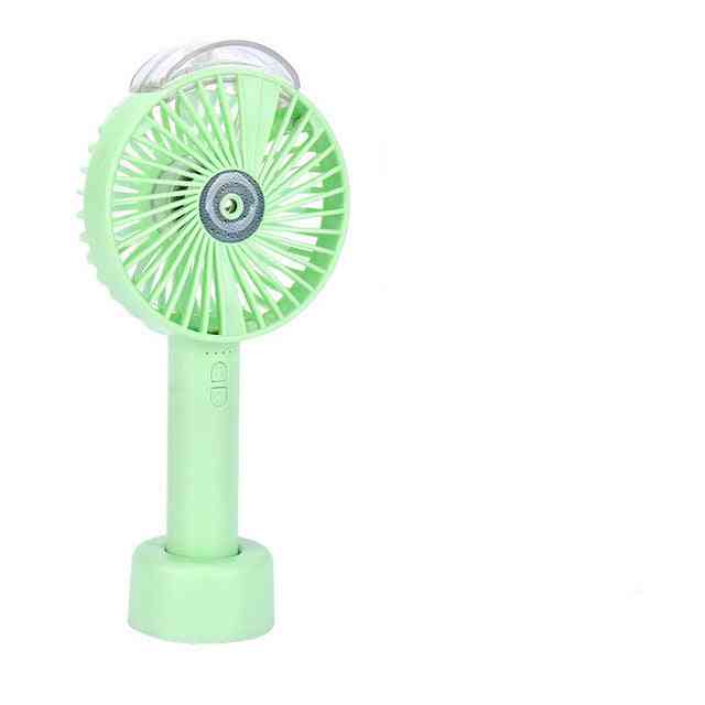 Light green USB handheld fan with a misting feature, compact and lightweight. Rechargeable 1200MAH battery for convenient personal cooling.