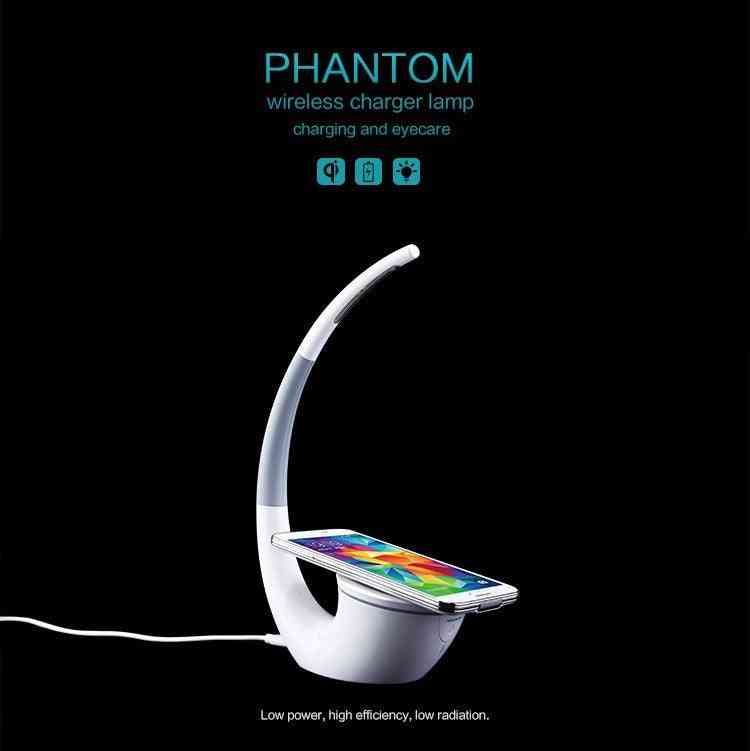 High-tech Wireless Charger Phantom Table White Lamp with sleek curved design, touch switch, and stepless dimming. Compatible with all QI wireless charging devices.