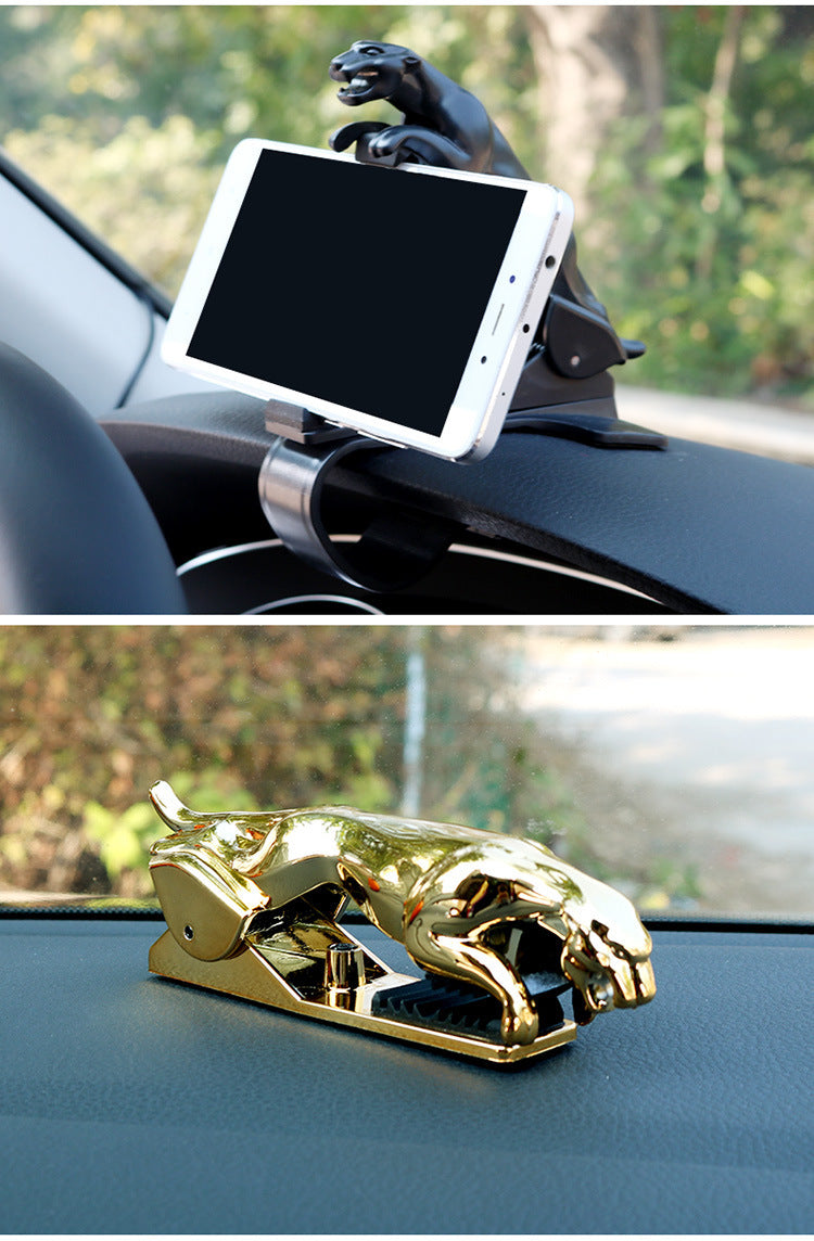 Black leopard-shaped car phone holder mounted on a dashboard, offering a secure grip and stylish design without blocking driving sight.