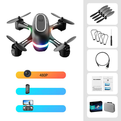 Mini remote control airplane with 480P camera, LED lights, and accessories including extra propellers, guards, USB cable, and remote control.