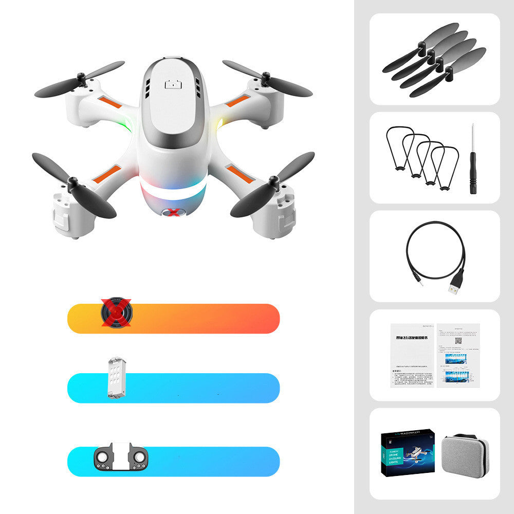 White mini remote control airplane with LED lights, remote control, and accessories, designed for fun and easy flying with a compact and durable build.