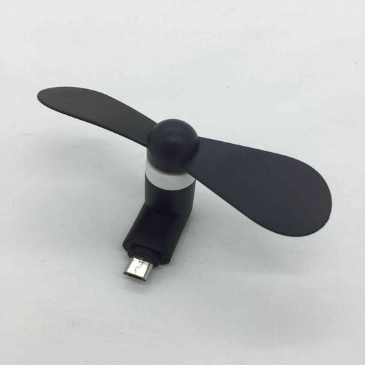 Compact black mobile mini fan with USB connector for phone cooling. Lightweight and energy-efficient, compatible with Android and iPhone devices.