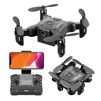 Mini folding drone with HD camera, compact and foldable design, shown with remote control and smartphone connectivity.