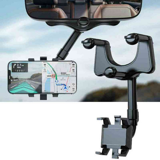 Car Rearview Mirror Swivel Navigation Bracket securely holds a smartphone for hands-free navigation. Adjustable stand with temperature-resistant ABS.