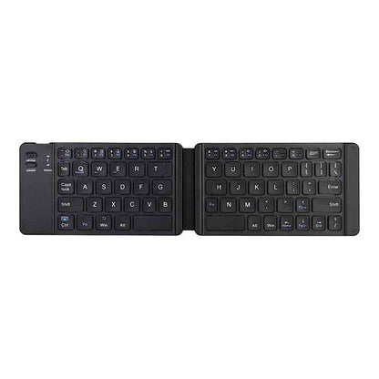 Open view of the foldable black wireless keyboard, displaying a full QWERTY layout with function keys and a touchpad.