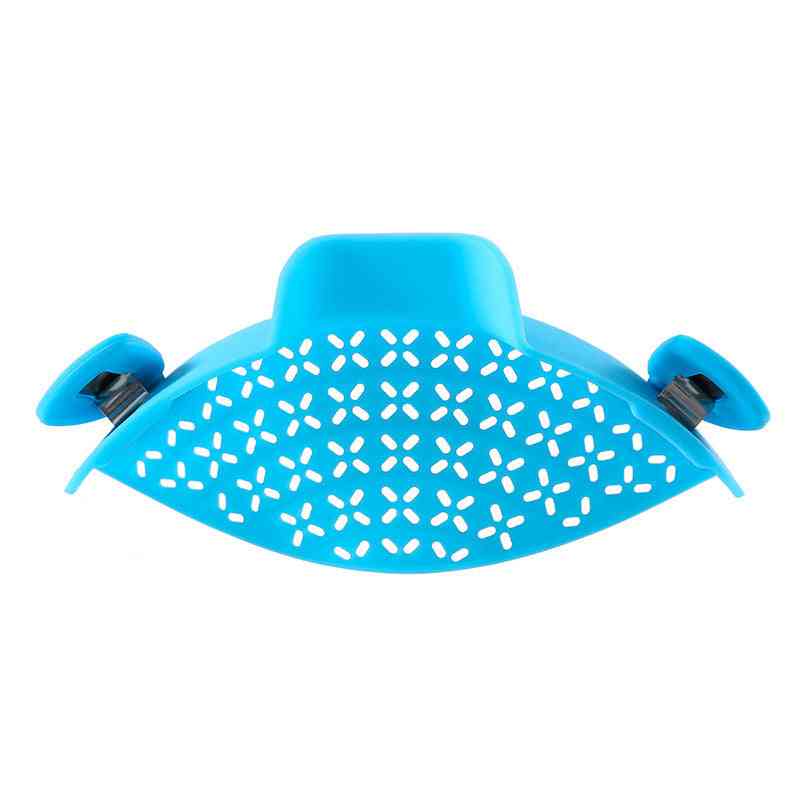 Sky blue silicone pot side drain with a modern perforated design and secure clips for effortless liquid straining.