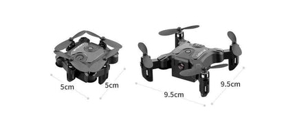 Mini folding drone dimensions displayed, showing compact 5cm folded size and 9.5cm expanded size.