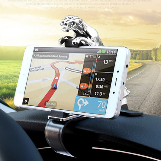 Leopard-shaped car dashboard phone support with a 360° mount, securely holding a smartphone with GPS navigation. Stylish, stable, and anti-slip design.