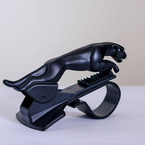 Matte black leopard-shaped car phone holder with a sturdy clip-on design, ensuring a stable and anti-slip grip on the dashboard.