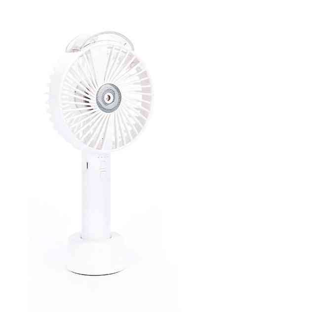 White USB handheld fan with a misting feature, sleek and lightweight. Rechargeable 1200MAH battery for portable and efficient cooling.