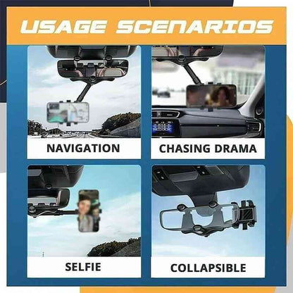 Multiple usage scenarios of Car Rearview Mirror Swivel Navigation Bracket, including navigation, media viewing, selfies, and collapsible storage.