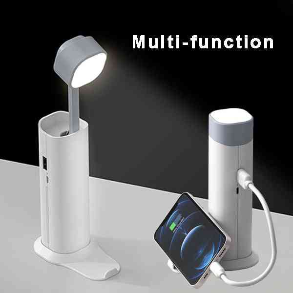 Multifunctional table lamp with LED lighting, USB charging port, and phone stand. Compact design with adjustable head for versatile use.