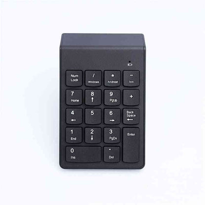 Compact black numeric keypad with multiple function keys, compatible with Windows, Android, and iOS devices.