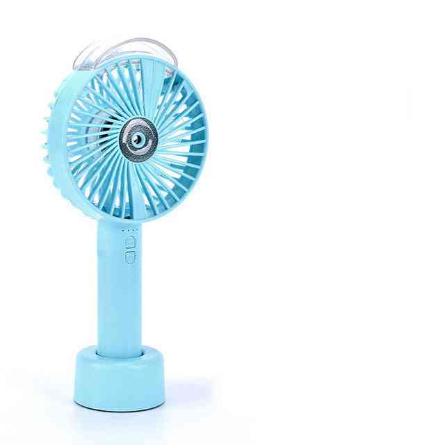 Blue USB handheld fan with a built-in misting function, designed for portability. Rechargeable 1200MAH battery ensures long-lasting cooling.