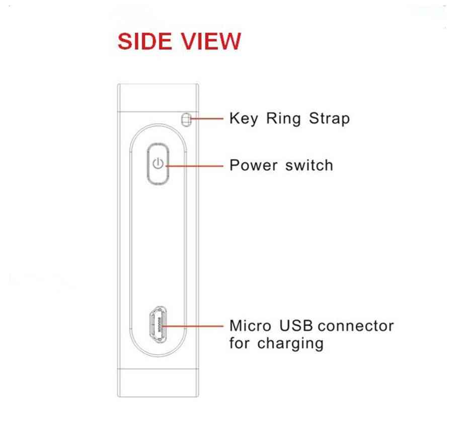 Side view diagram of the LEING FST Virtual Laser Keyboard Bluetooth Projector, showing key ring strap, power switch, and micro USB connector.