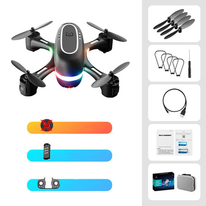 Mini remote control airplane with LED lights, remote control, and accessories, designed for fun and easy flying with a compact and durable build.