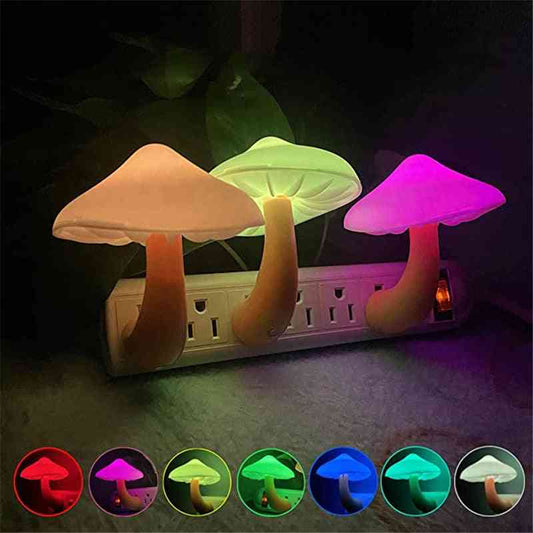 LED mushroom night light with auto sensor, featuring multicolor illumination. Ideal for EU/US sockets, perfect for ambient lighting and energy saving.