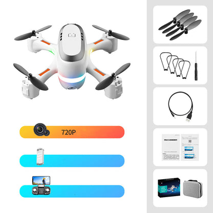 White mini remote control airplane with 720P camera, LED lights, and accessories, providing high-quality aerial photography and smooth flight control.