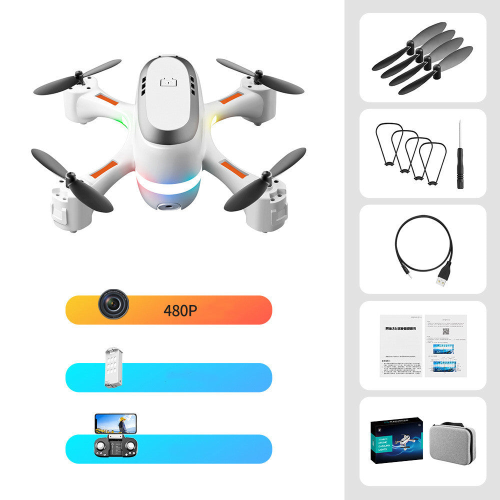 White mini remote control airplane with 480P camera, LED lights, and accessories, offering a sleek design and stable flight performance.