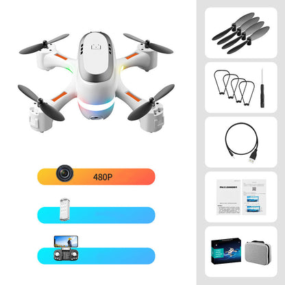 White mini remote control airplane with 480P camera, LED lights, and accessories, offering a sleek design and stable flight performance.